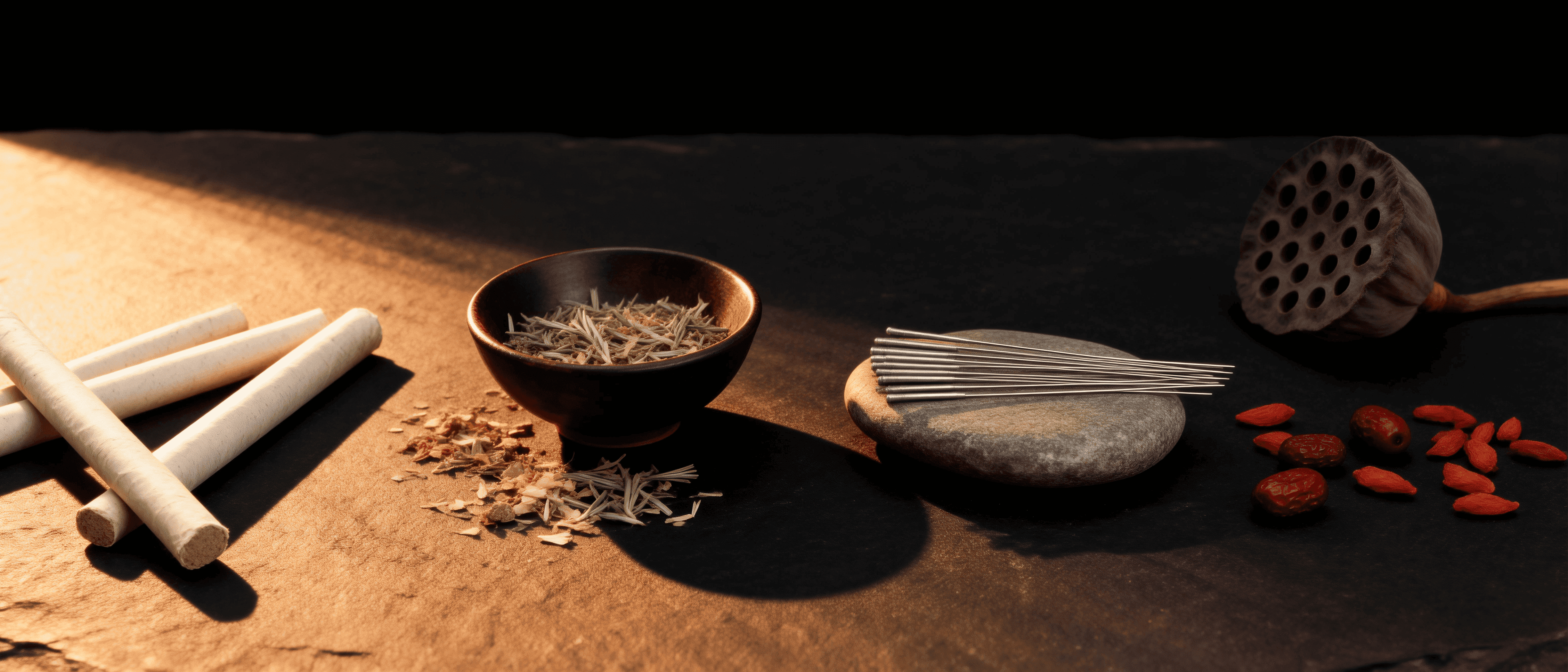 Editorial flat lay of TCM tools — acupuncture needles, dried herbs, moxa, ceramic bowl — on a dark surface with dramatic side lighting