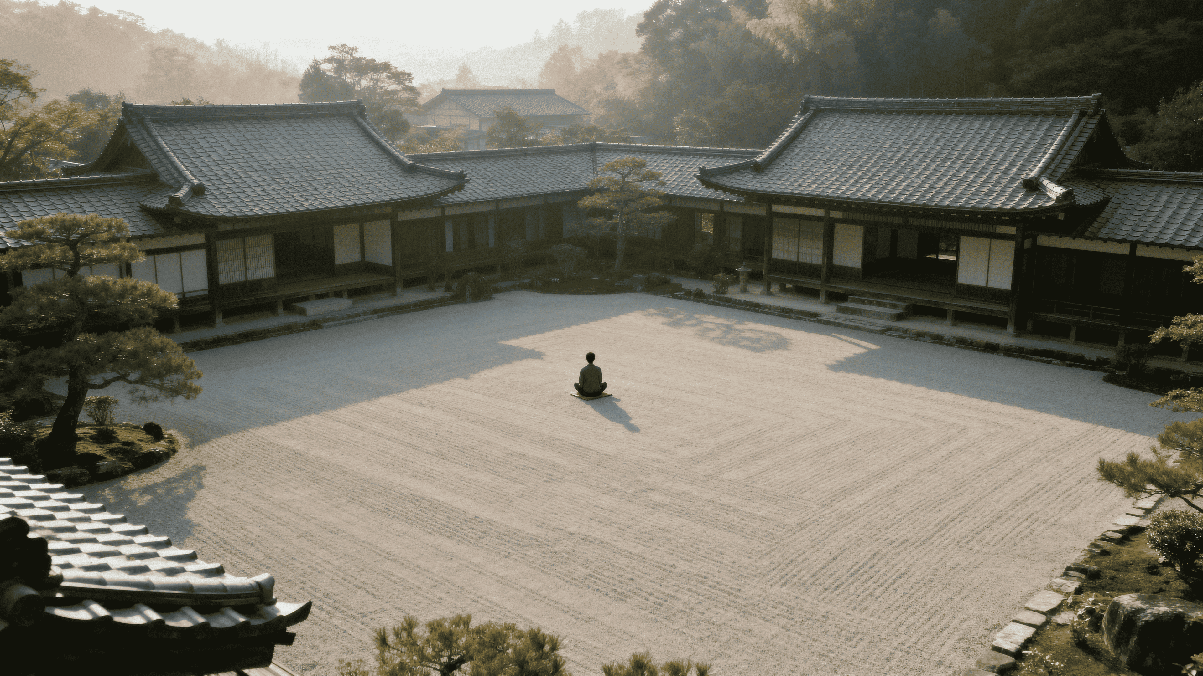 A single figure seated in stillness at the centre of a vast traditional courtyard at first light