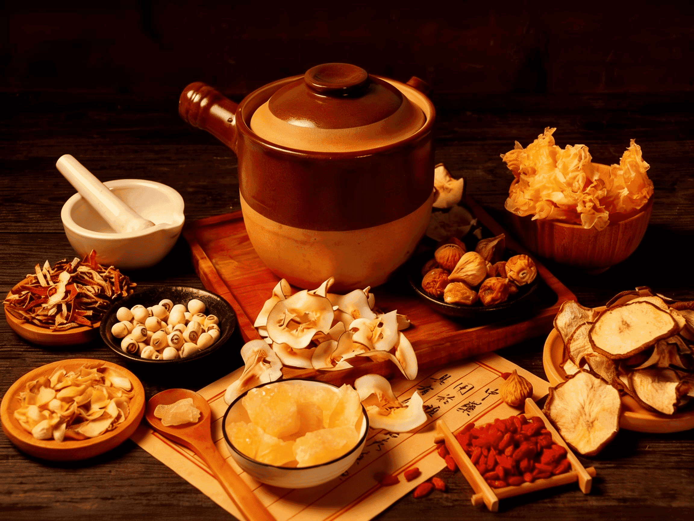 An earthenware pot of simmering herbal decoction beside dried herbs on a wooden surface