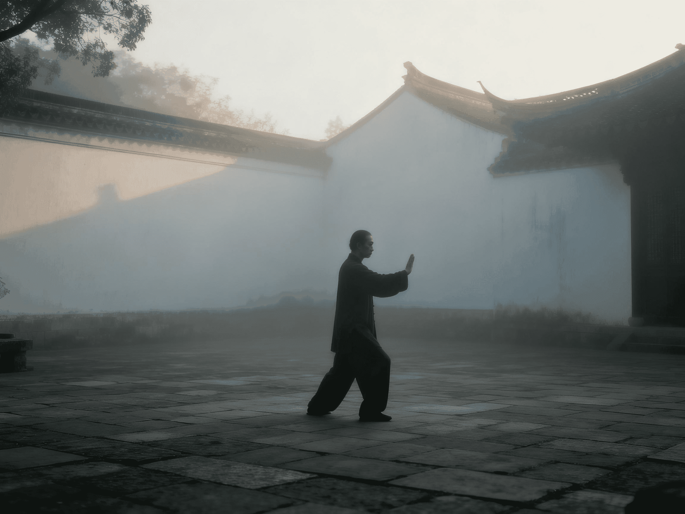 A practitioner moving through Tai Chi in a misty courtyard at dawn
