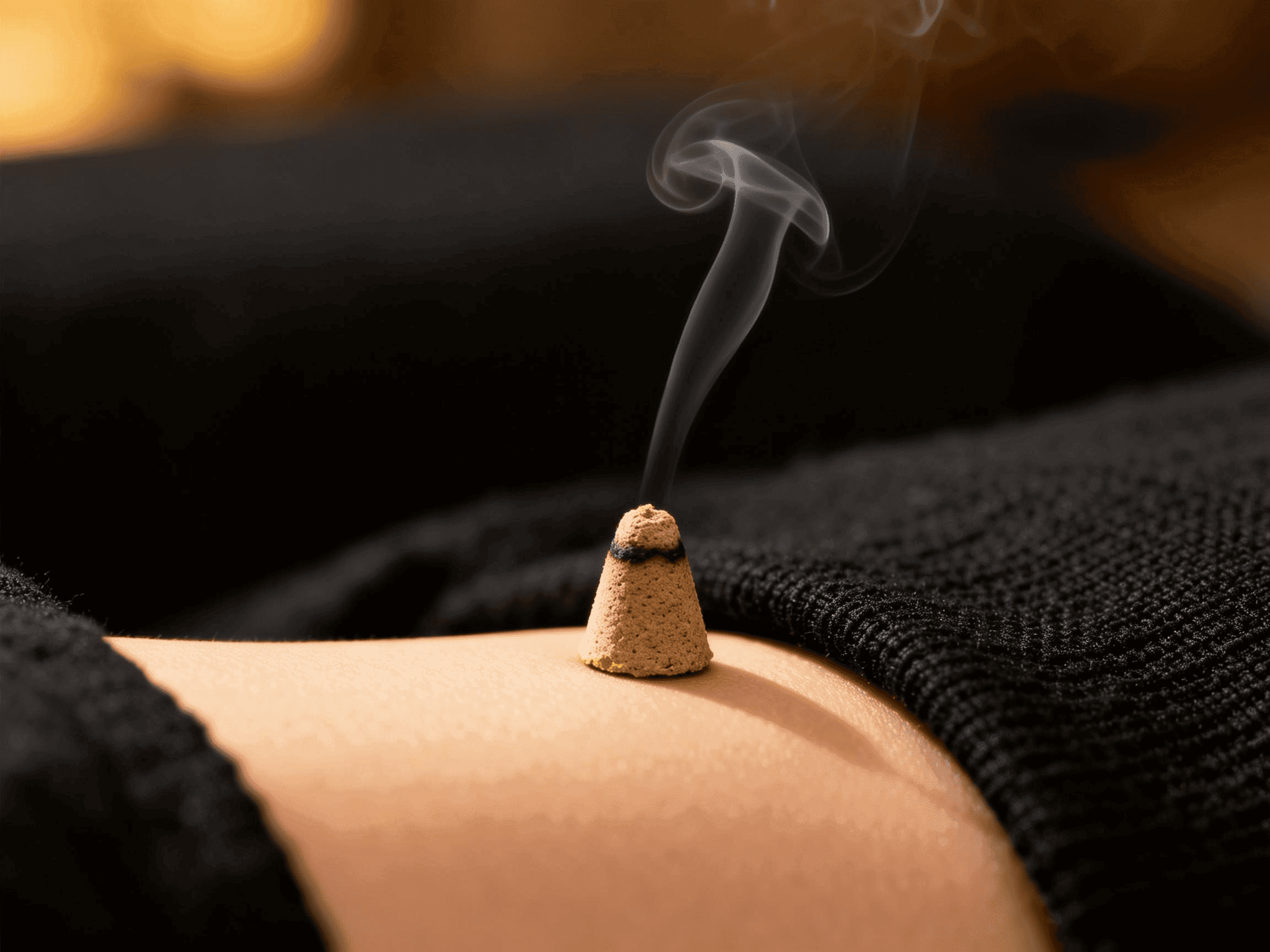 A glowing moxa cone burning slowly above an acupuncture point, soft amber light