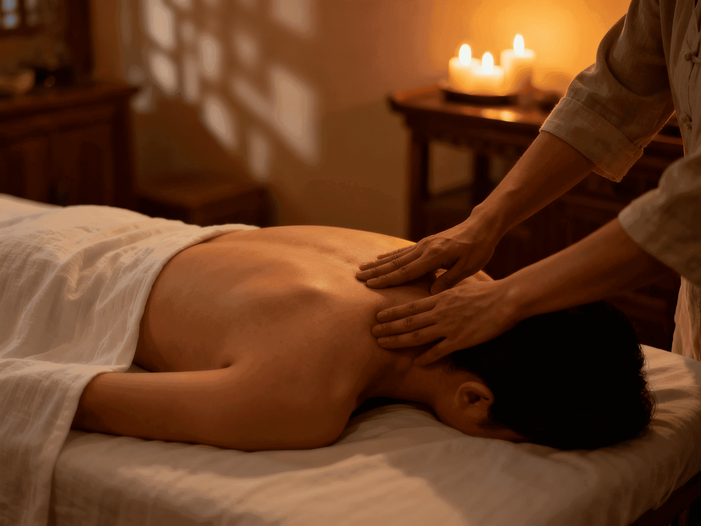 Practitioner hands working along the upper back and neck with Tui Na technique