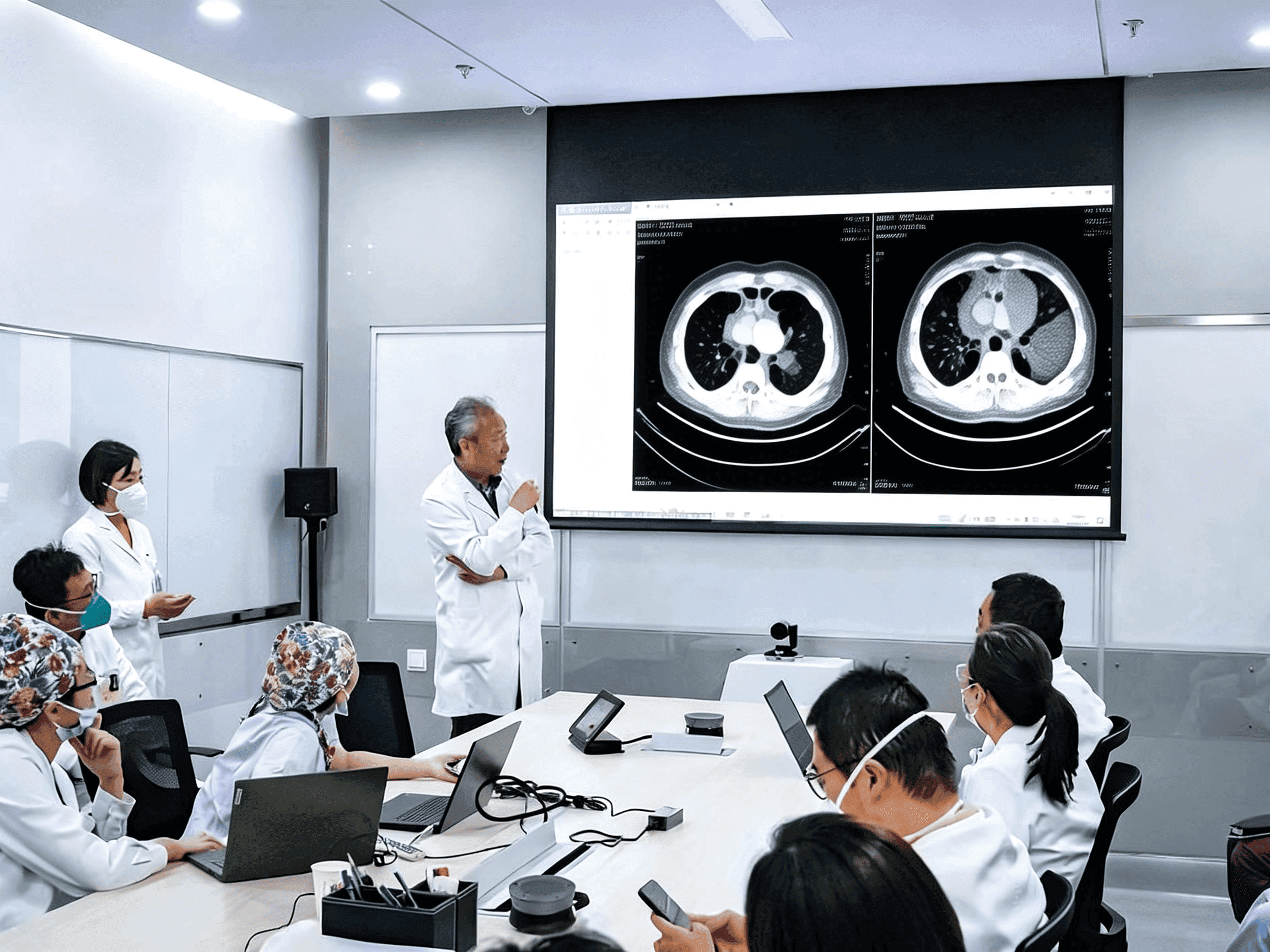 Multidisciplinary oncology team reviewing a cancer case together