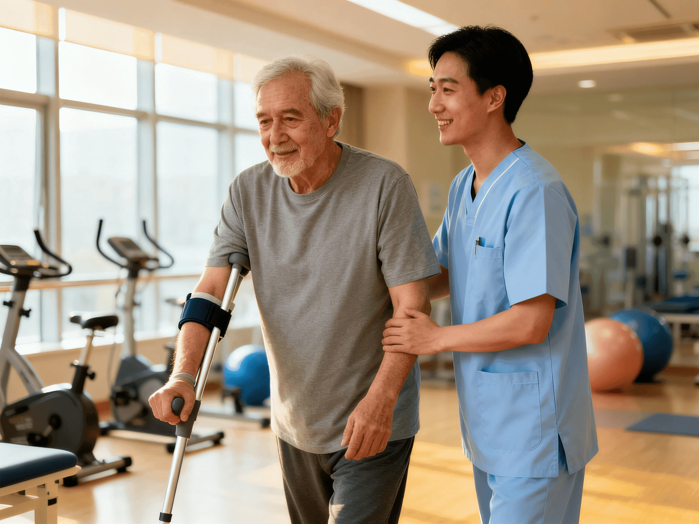 Patient walking along parallel bars during post-operative rehabilitation with physiotherapist in a Chinese hospital