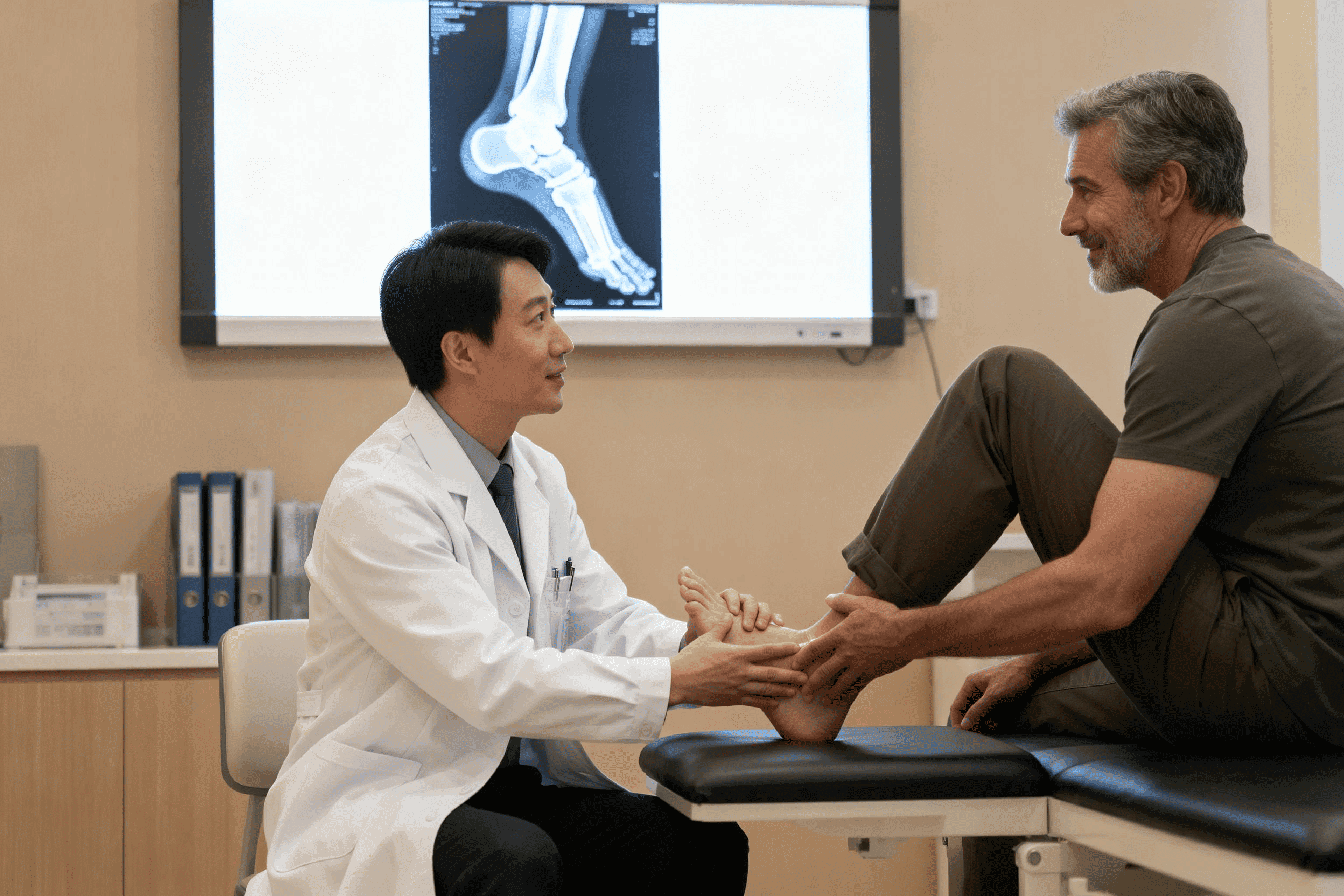 Foot and ankle X-ray displayed on a digital screen during orthopedic consultation in China