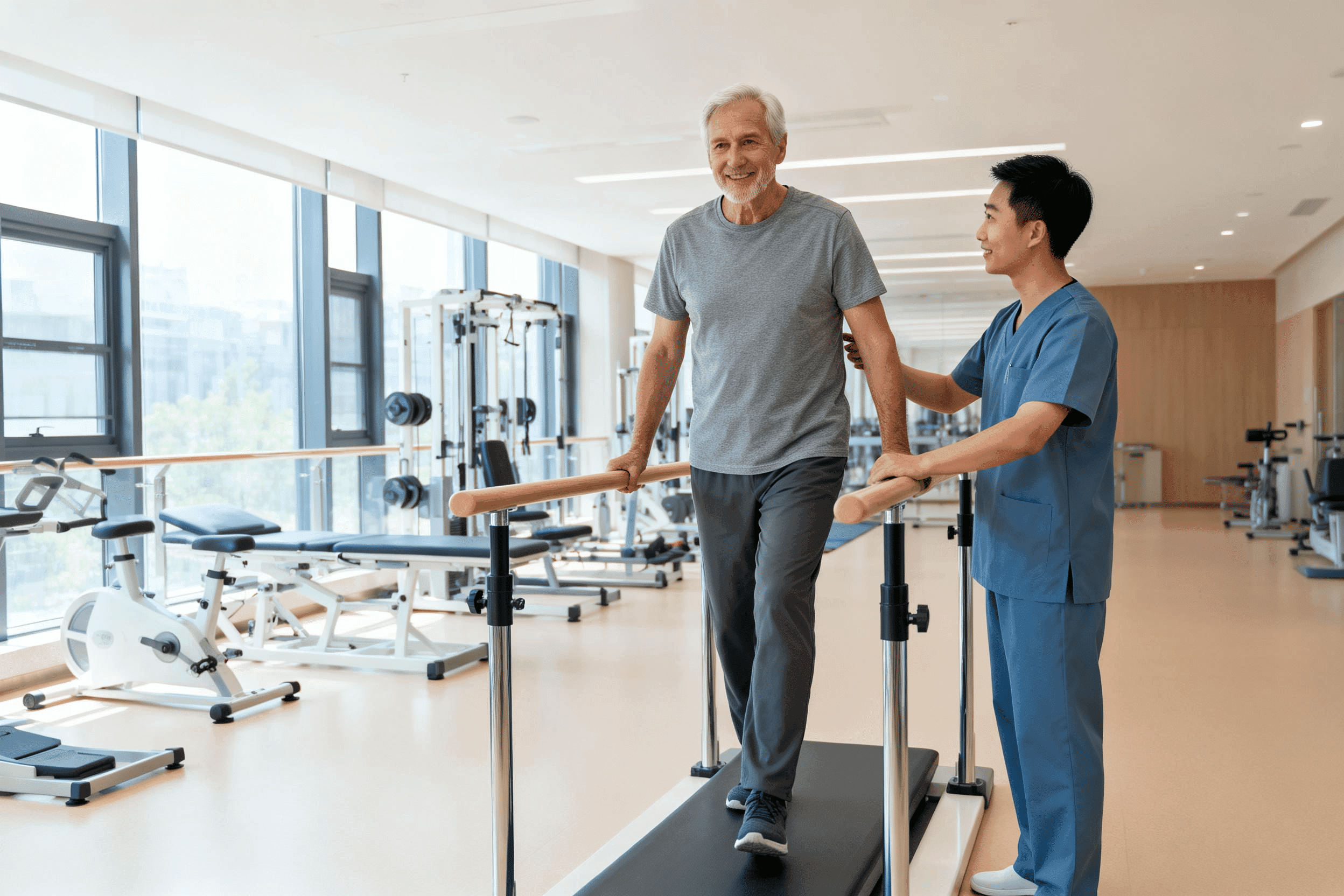 Physiotherapy rehabilitation session in a bright modern Chinese hospital gymnasium