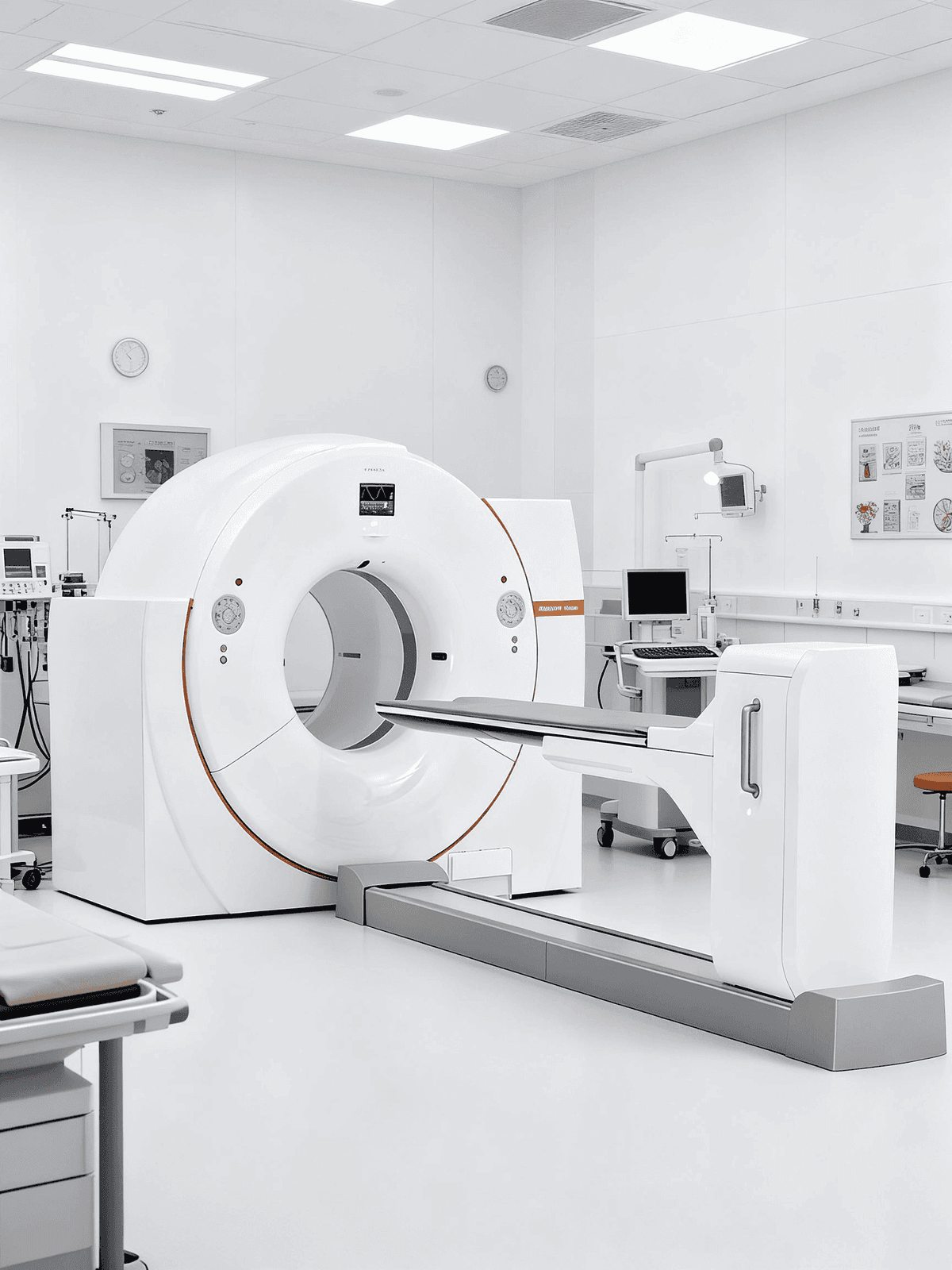 Softly lit modern examination room with diagnostic equipment, clean and quietly professional