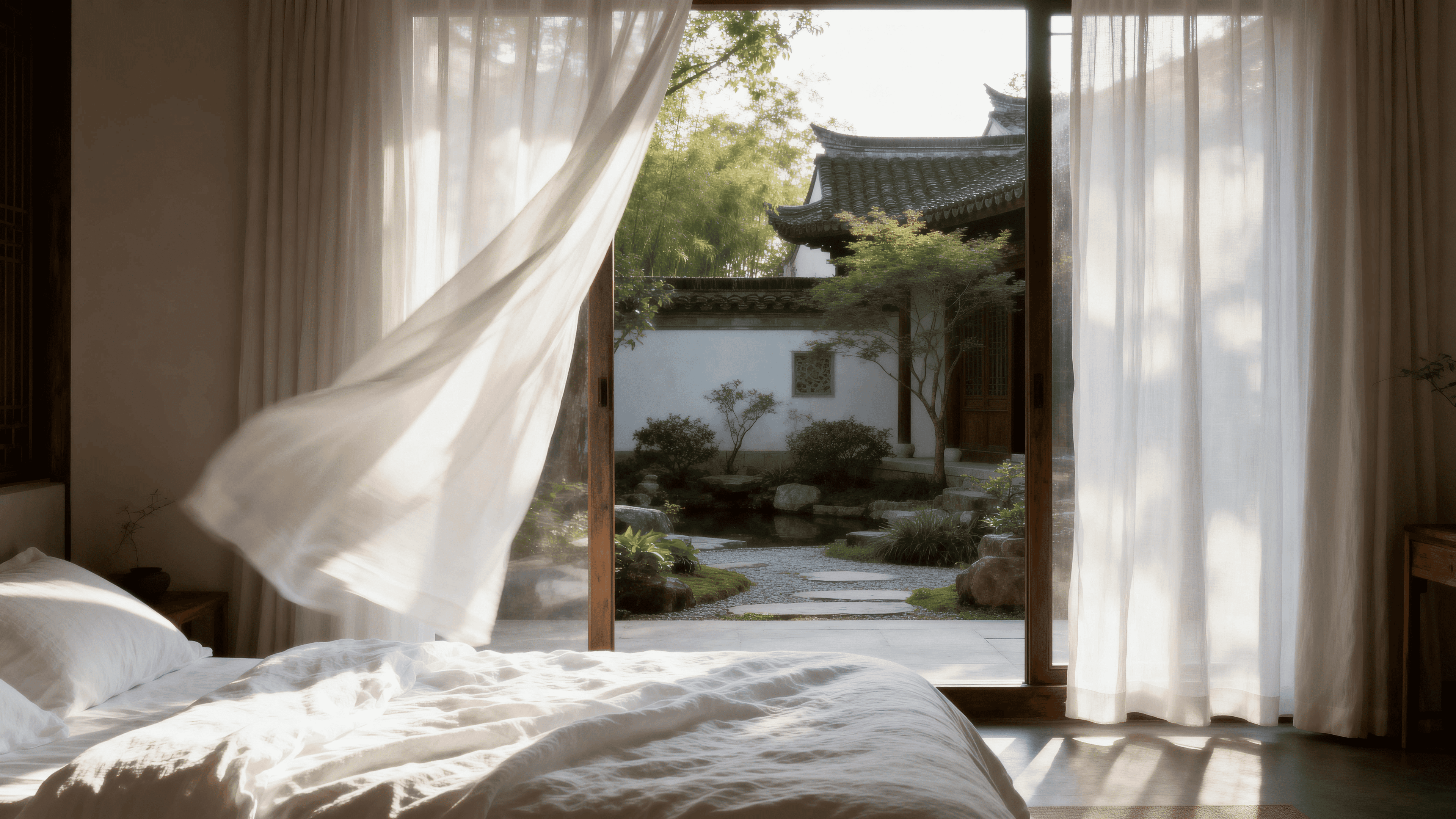First light of morning falling across undisturbed white linen, a window open to a quiet garden
