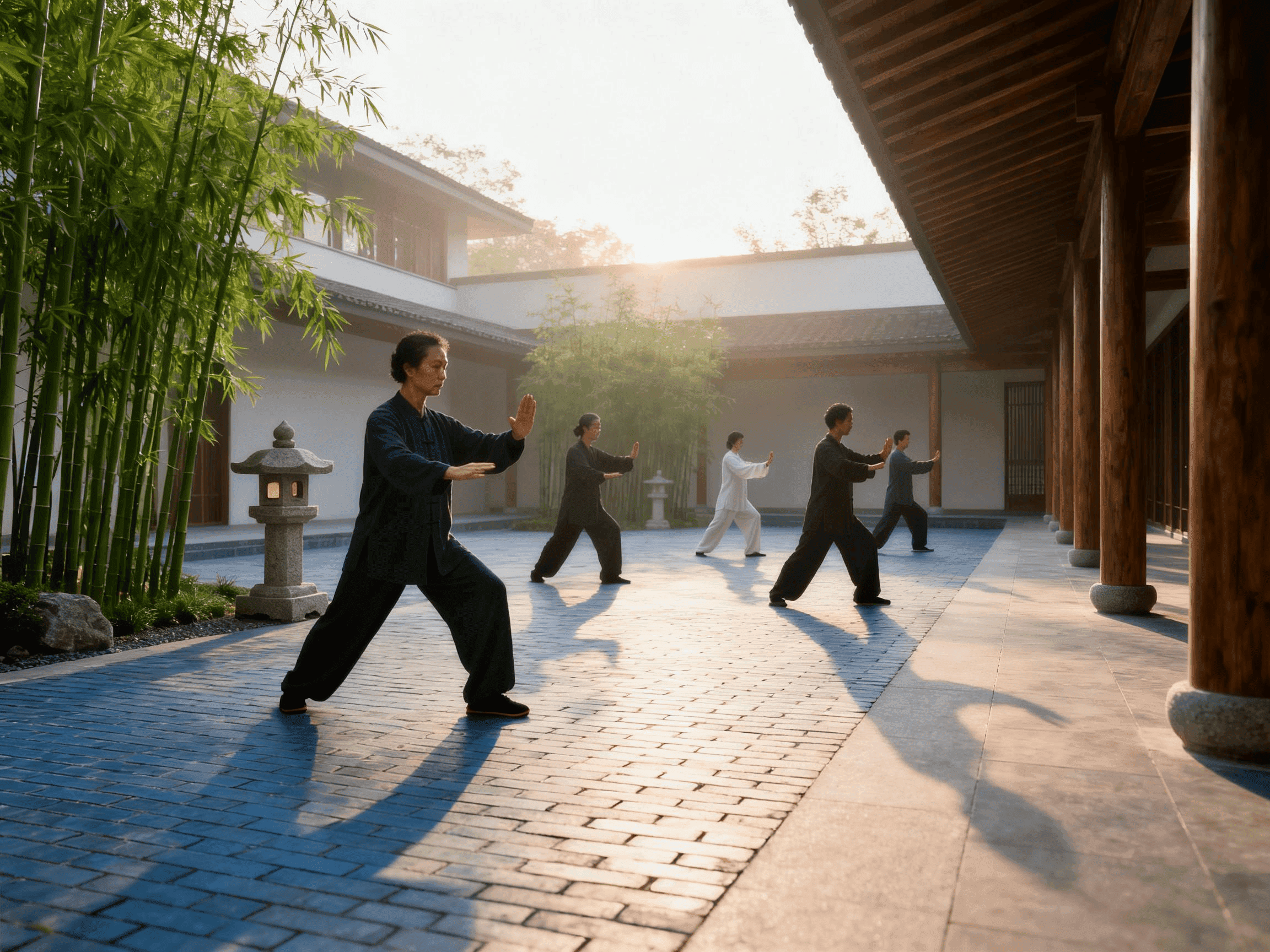 A person standing in a grounding Qigong posture in early morning mist, still and rooted