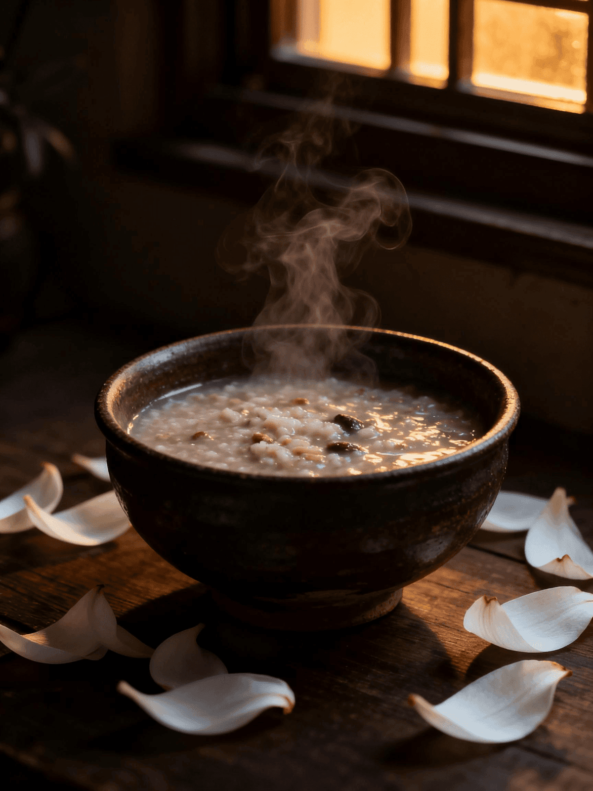 A ceramic bowl of warm lily bulb and sour jujube congee on a dark tray in soft evening lamplight