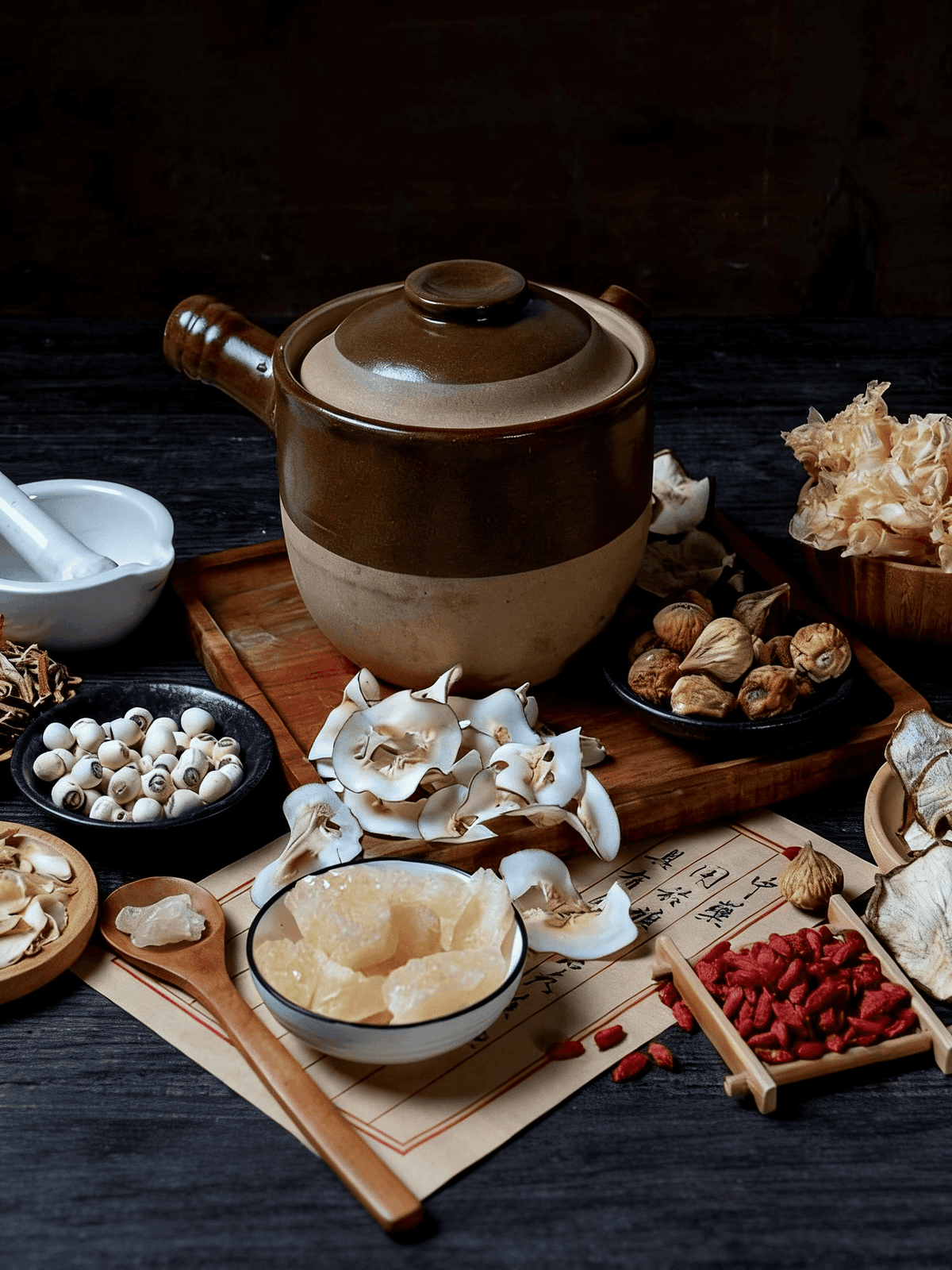 Sour jujube seeds, lily bulbs, and longan arranged beside a dark ceramic bowl in warm evening light