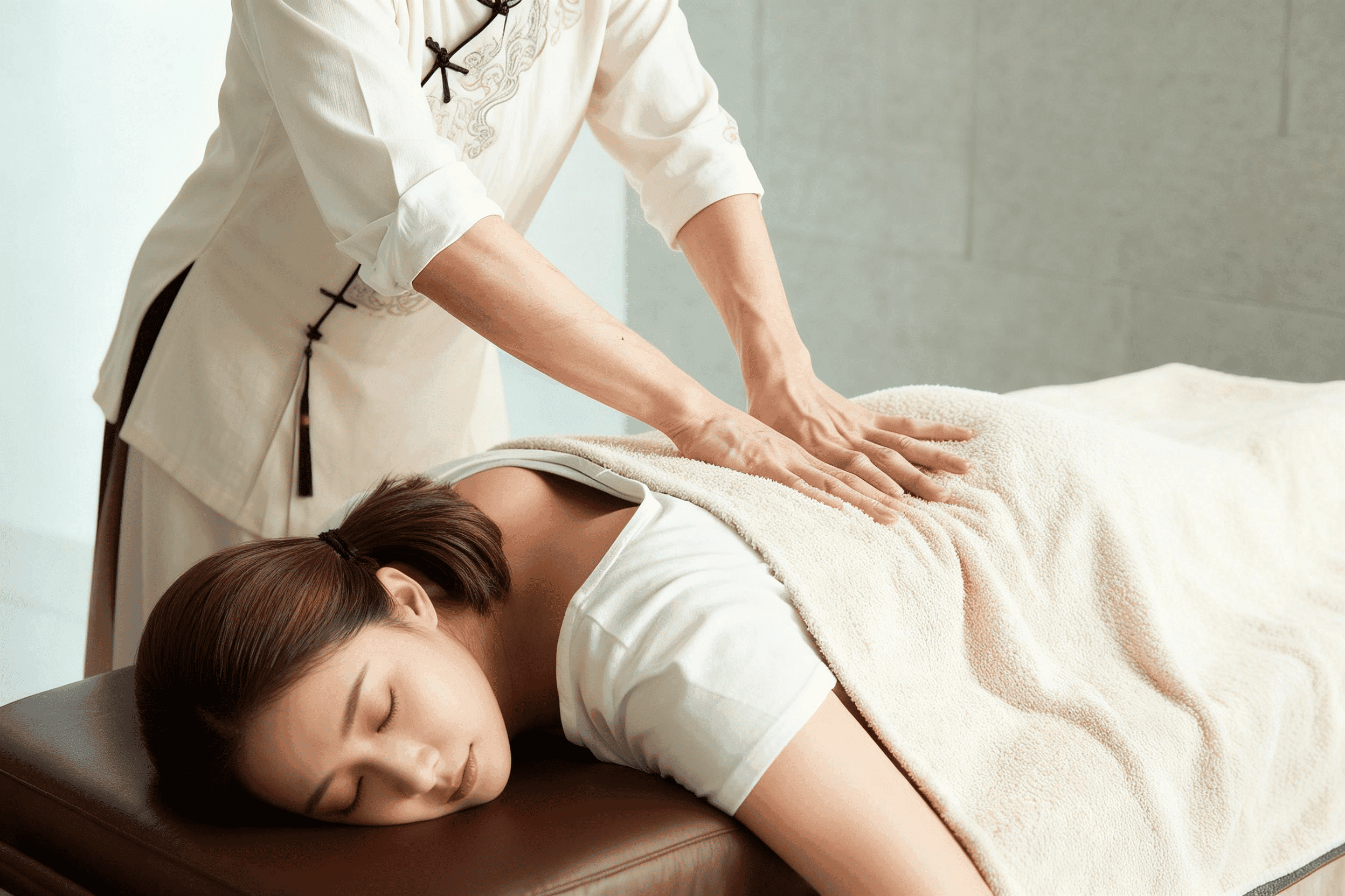 Close-up of a Tui Na practitioner's hands pressing into a patient's shoulder and neck