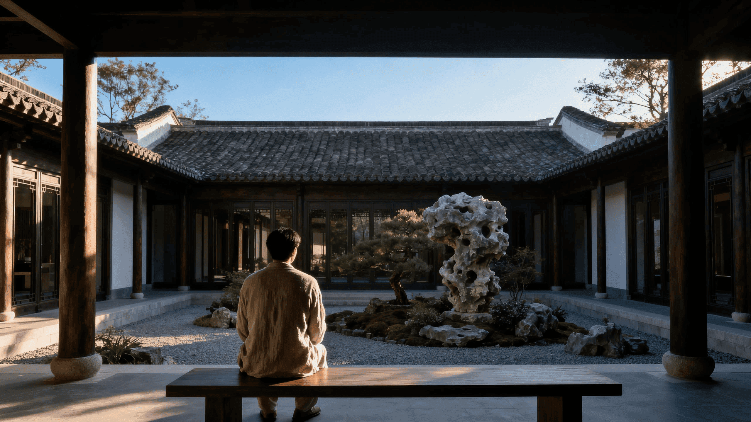 A person seated alone on a bench in a traditional courtyard, looking toward the garden in early morning light