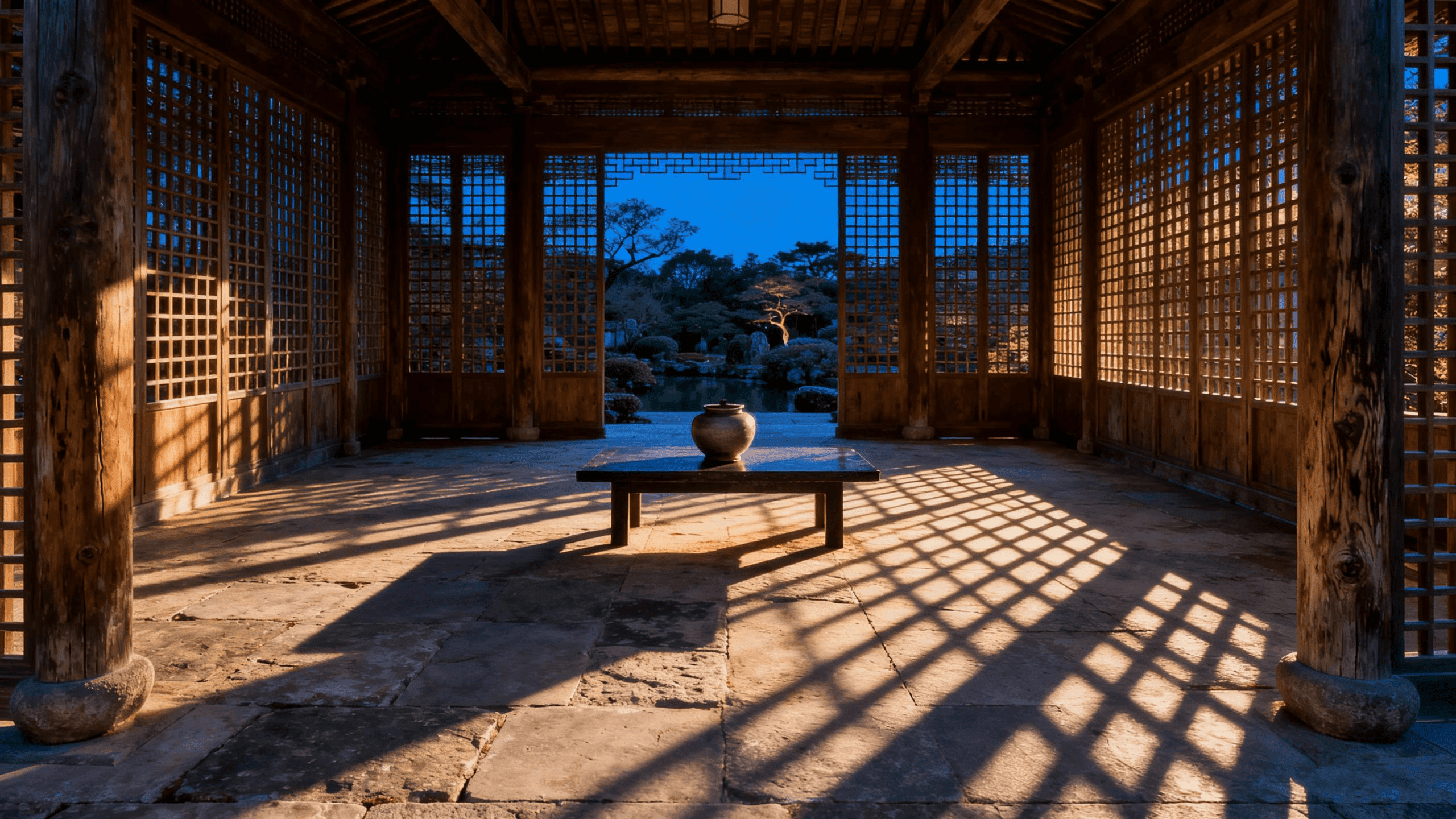 Morning mist drifting through a traditional Chinese courtyard at dawn