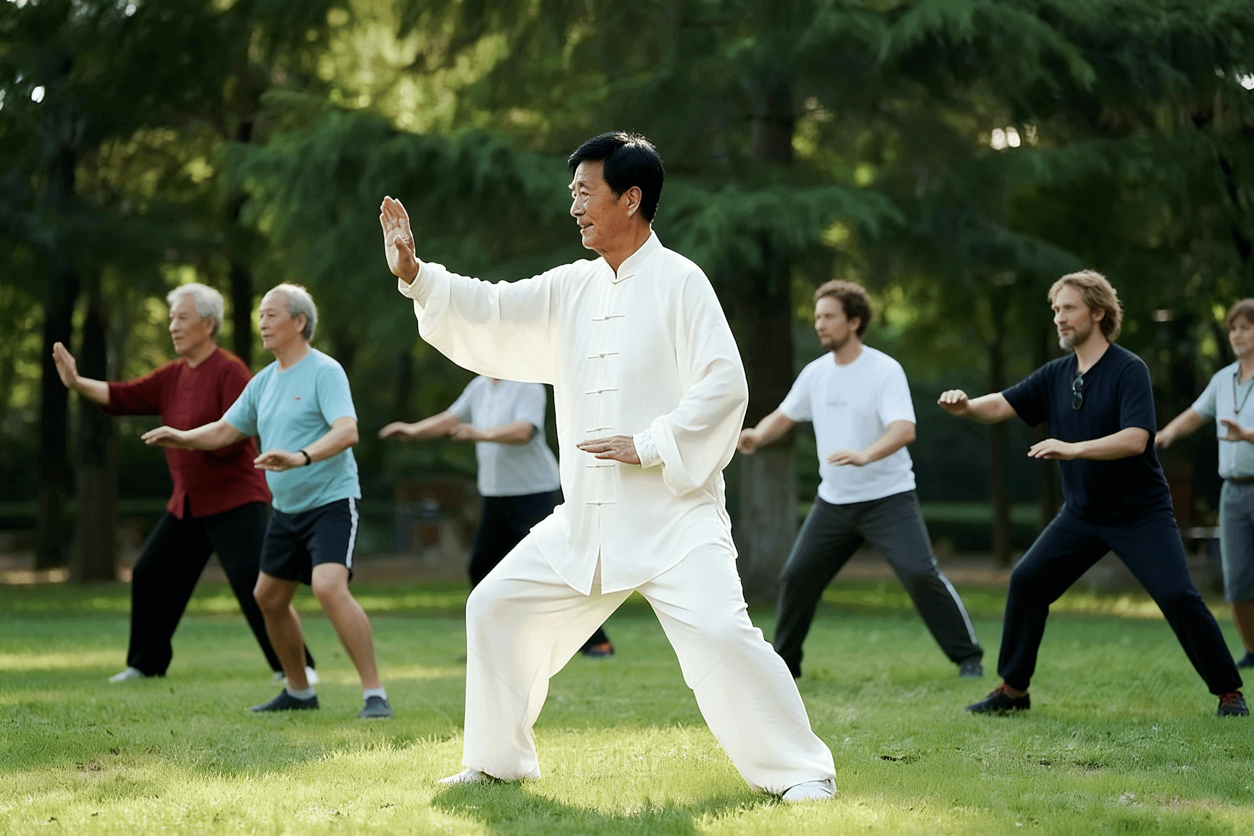 Silhouette of a Tai Chi practitioner in a misty courtyard at dawn