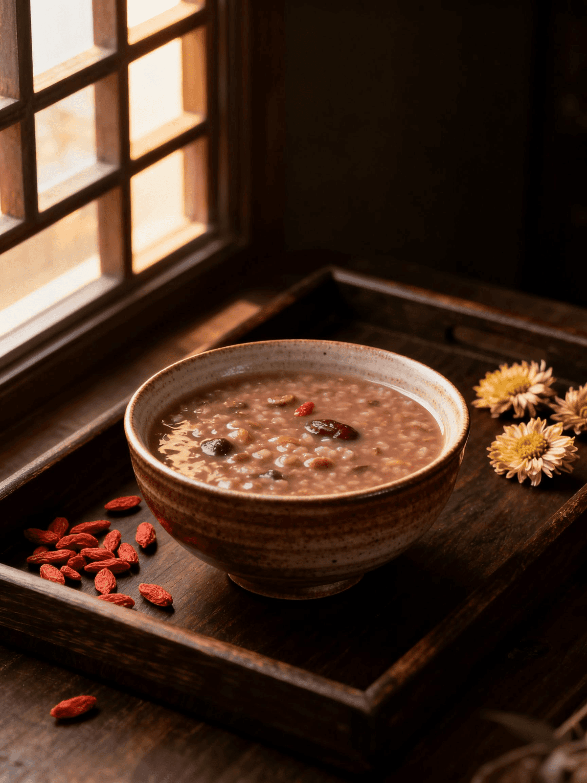 A handmade ceramic bowl of warm medicinal congee on a dark wooden tray beside a window
