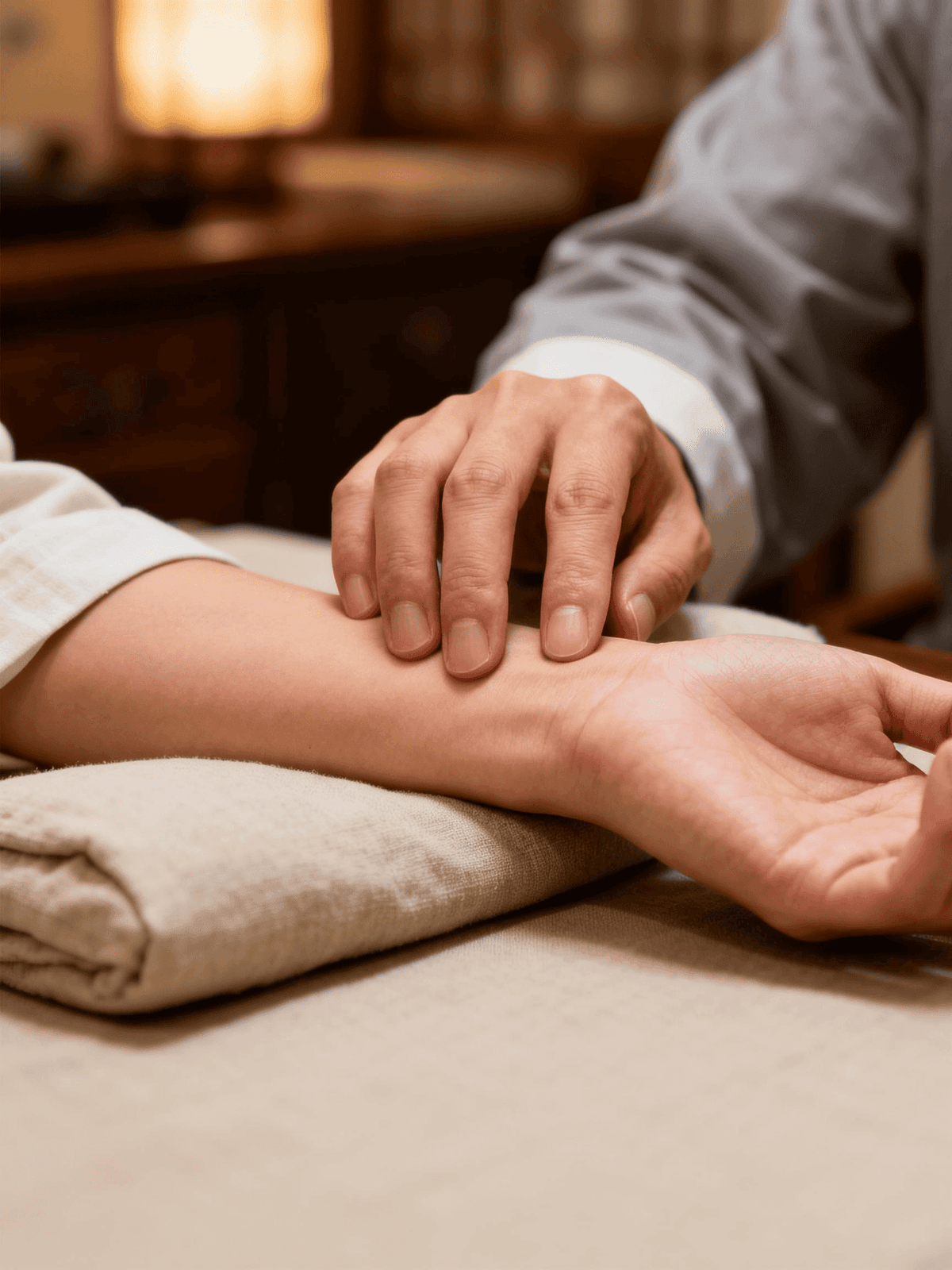 TCM practitioner carefully reading a patient's pulse in a warm, calm consultation room