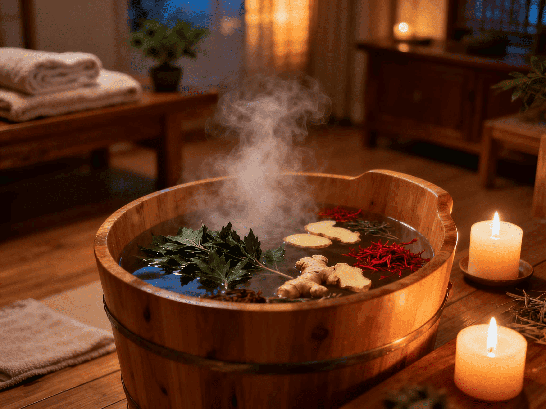 Steaming herbal foot bath in ceramic basin beside flickering candles, tranquil evening light