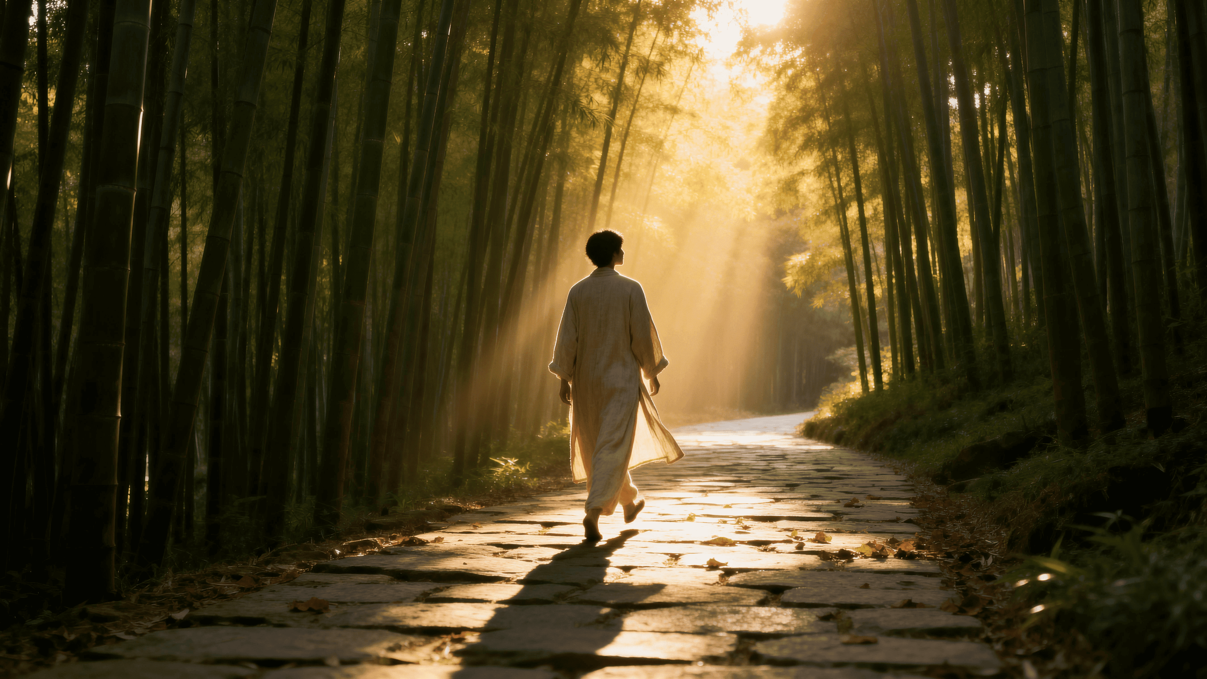 A figure walking alone on a stone path through bamboo, morning light filtering through, sense of unburdened movement