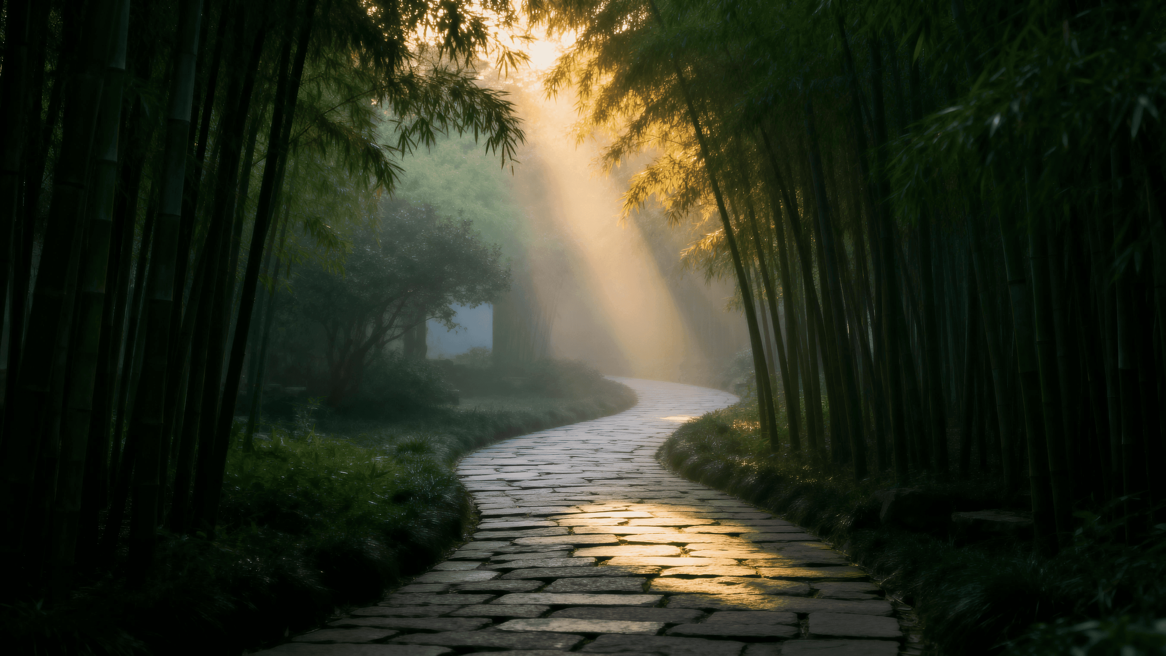 A winding stone path through a misty bamboo forest at dawn, light filtering through
