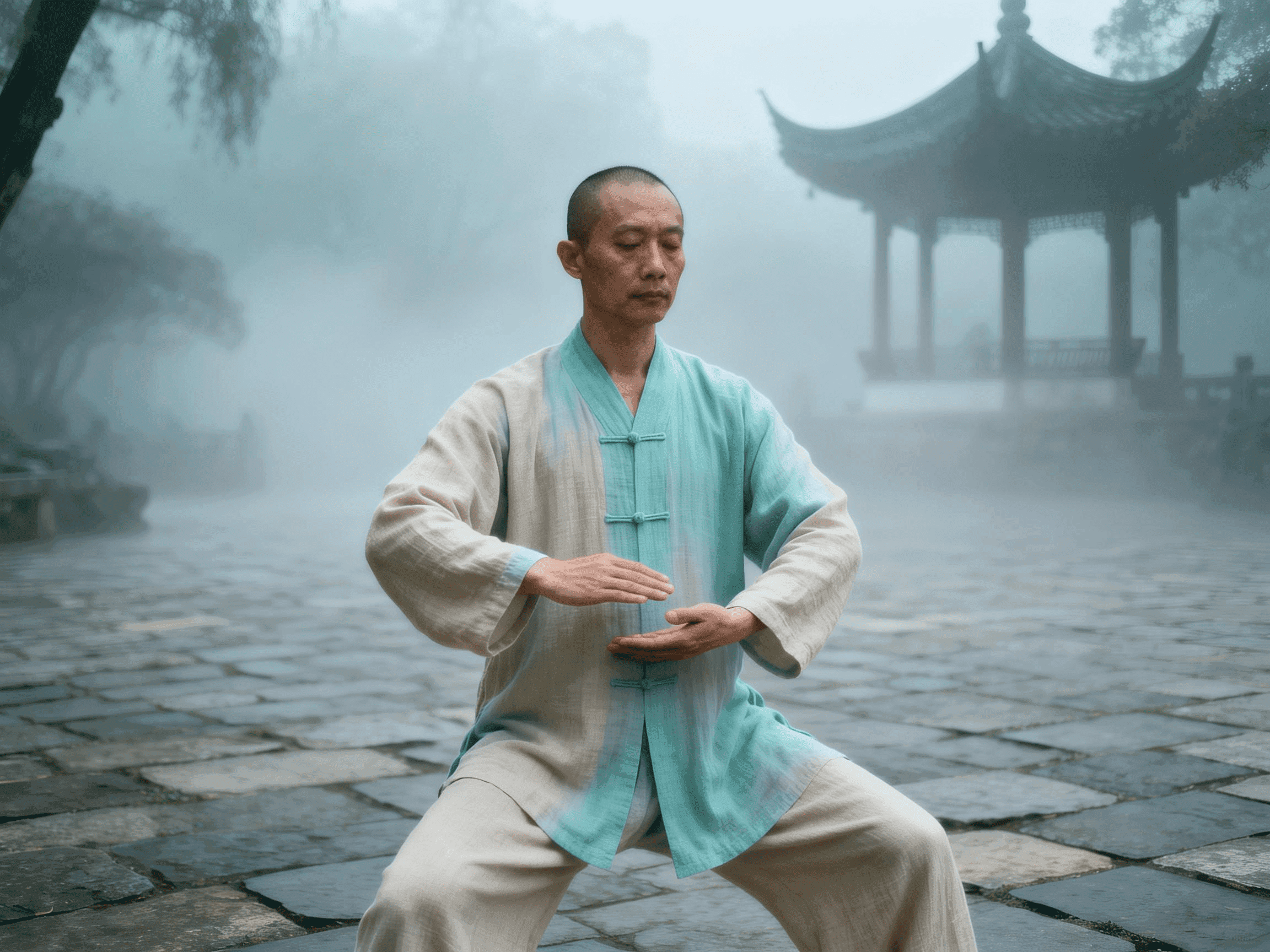 A figure practising flowing Qigong movements in morning mist, focused on core and abdomen