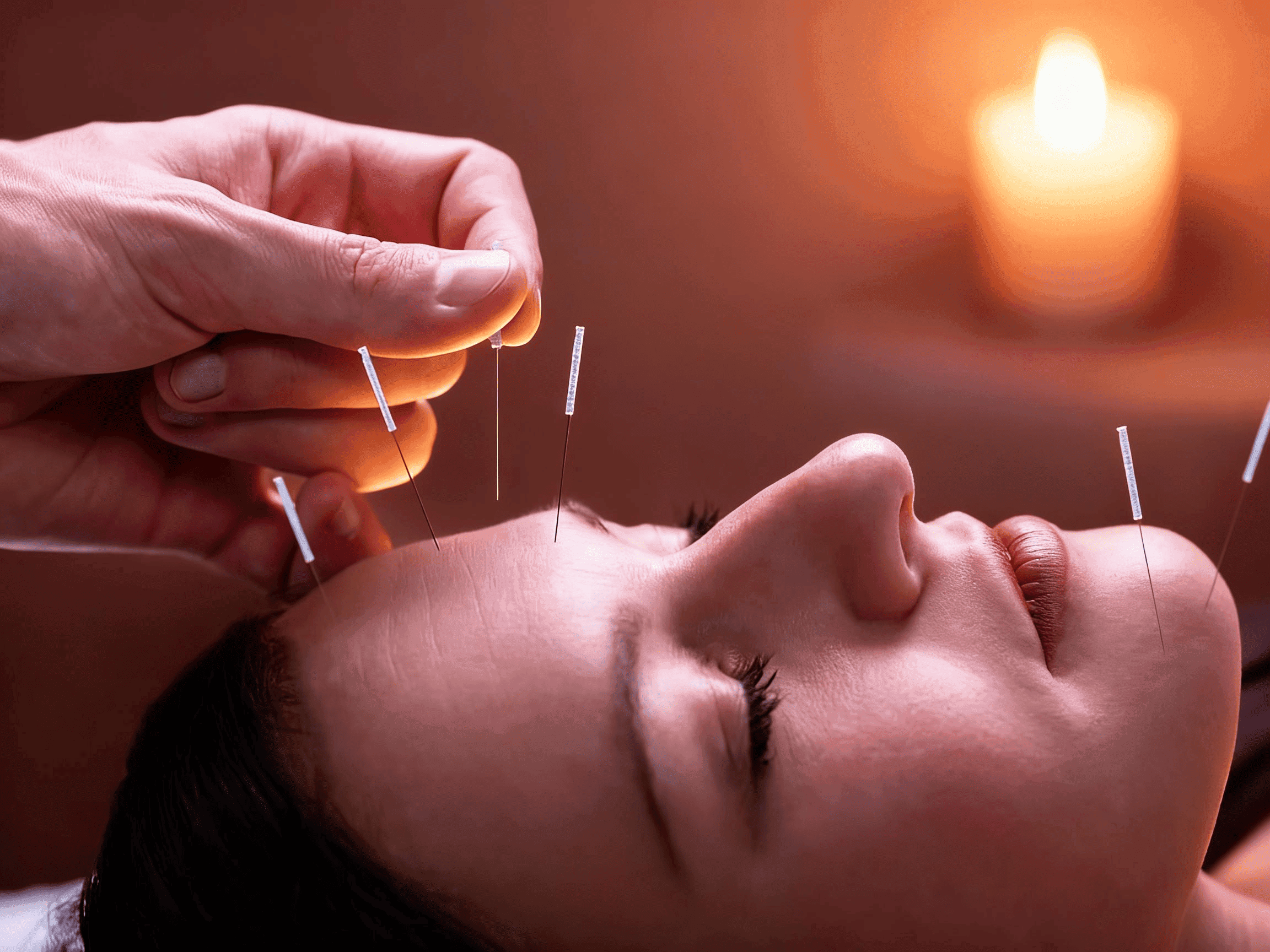 Close-up of delicate facial acupuncture needles placed along the cheekbone and jaw in warm candlelight