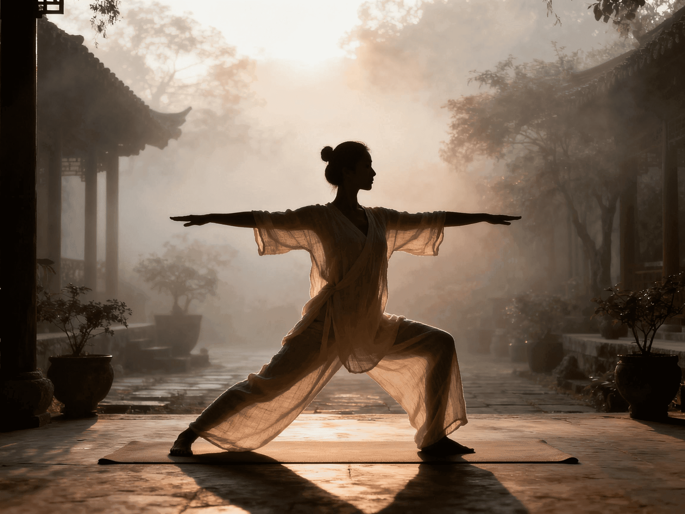 A woman in flowing linen practising Qigong in a misty courtyard at dawn
