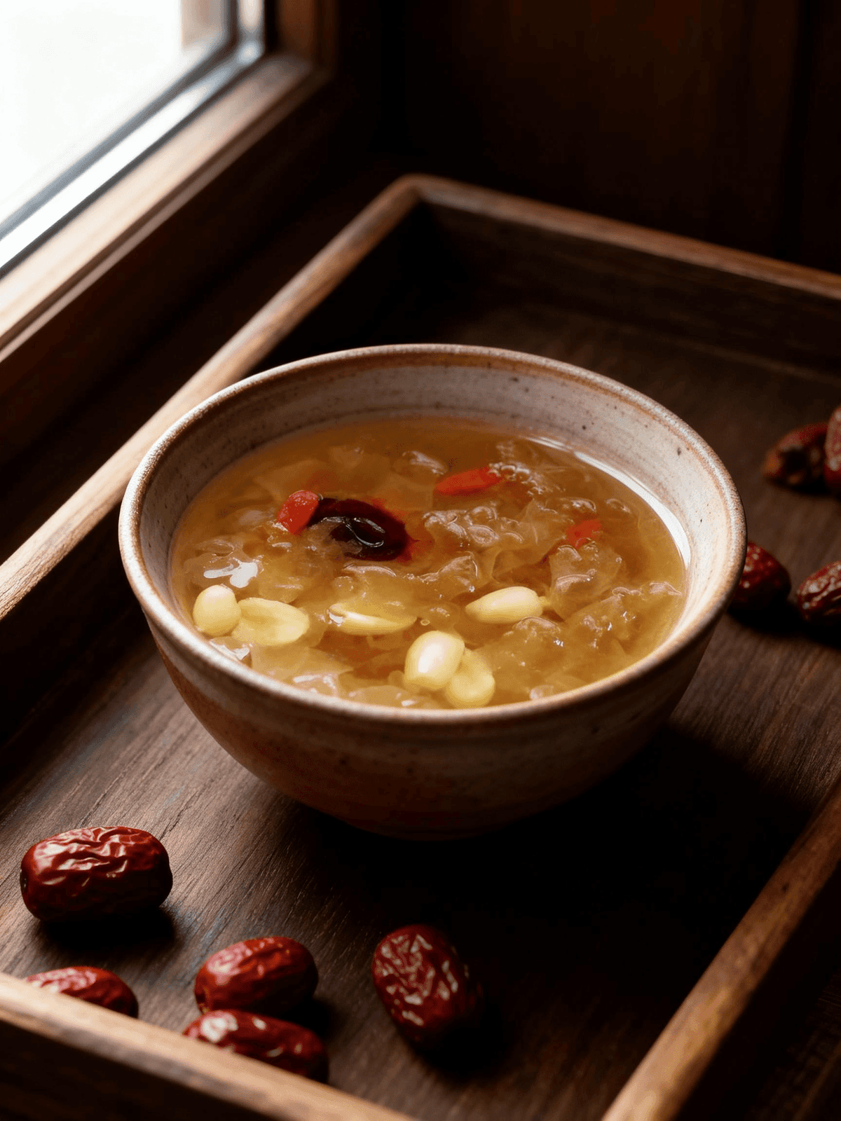 A handmade ceramic bowl of warm blood-nourishing soup with red dates and lotus seeds beside a window